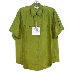 NWT Vintage Women Green Silk Short Sleeve Button Up Shirt Frenchic Lrg. Classic